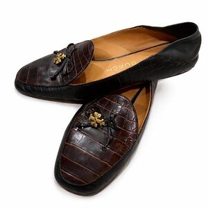Tory Burch Croc Embossed Leather Loafers Gold Logo Charm Flats size 7.5
